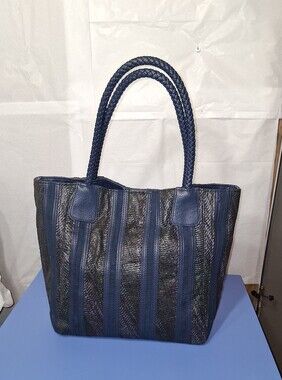 Vintage Big Buddha Navy Blue Woven Stripe Tote
